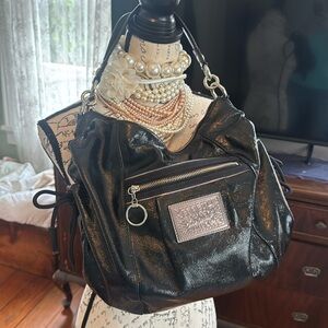 VTG BLK LEATHER Coach Poppy Daisy Bag Ruched-Side Ties